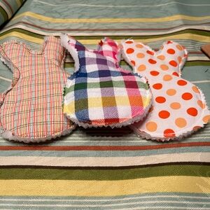 Set of 3 Bunny Fabric Coasters- Multicolor Plaid + Orange Polka Dot